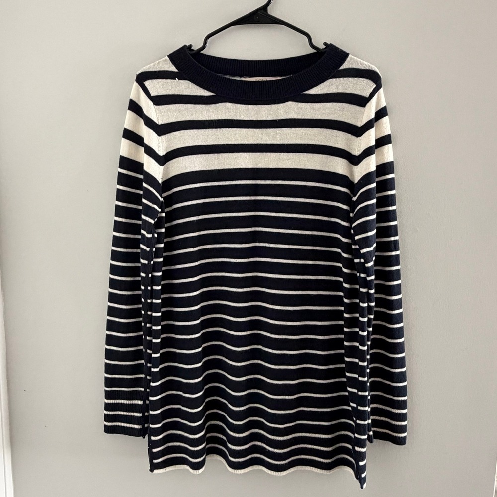 LOFT Navy Blue Cream Striped Long Sleeve Tunic Sweater L Crew Neck Nautical Soft